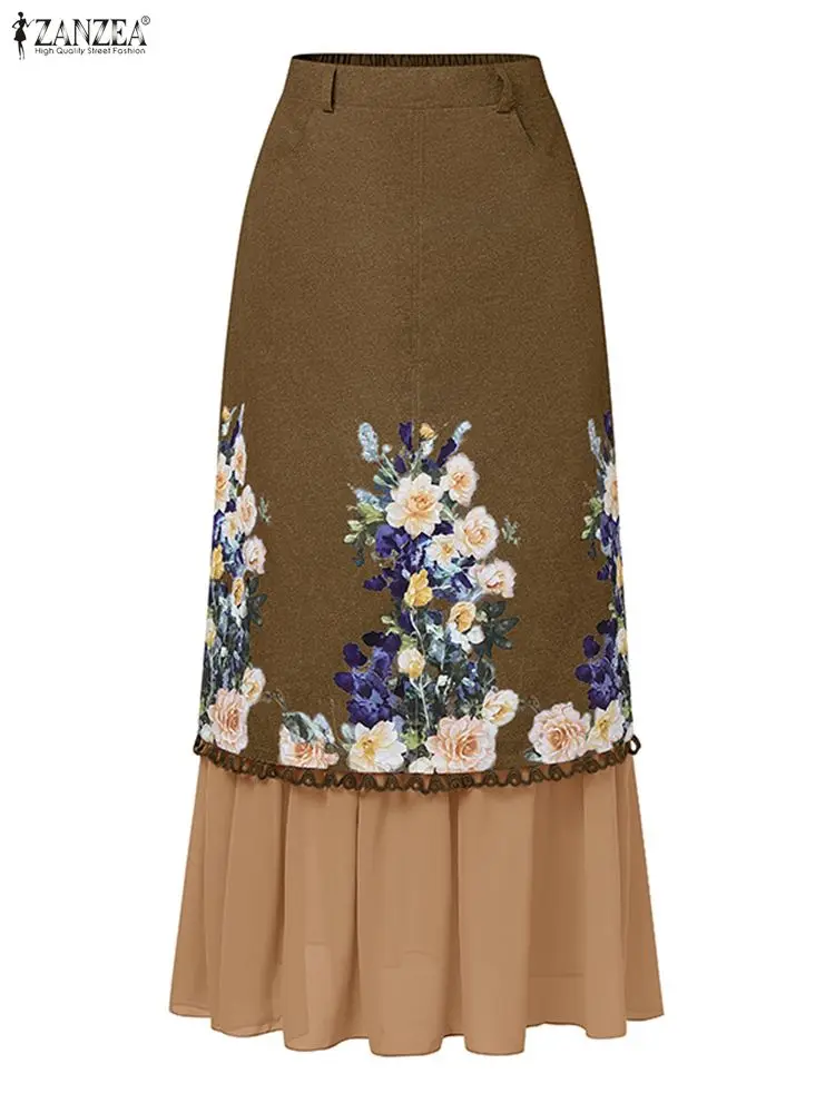 

ZANZEA богемные макси-юбки, осень 2022, женские длинные юбки с цветочным принтом Faldas Saia, повседневные карманы с карманами, элегантные штаны для праздничной вечеринки