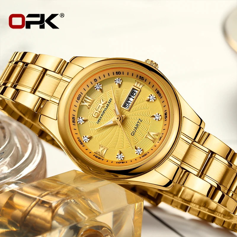 OPK Fashion Diamond Quartz Couples Watches Week Stainless Steel Waterproof Watch Luminous Couple Luxury Wristwatches