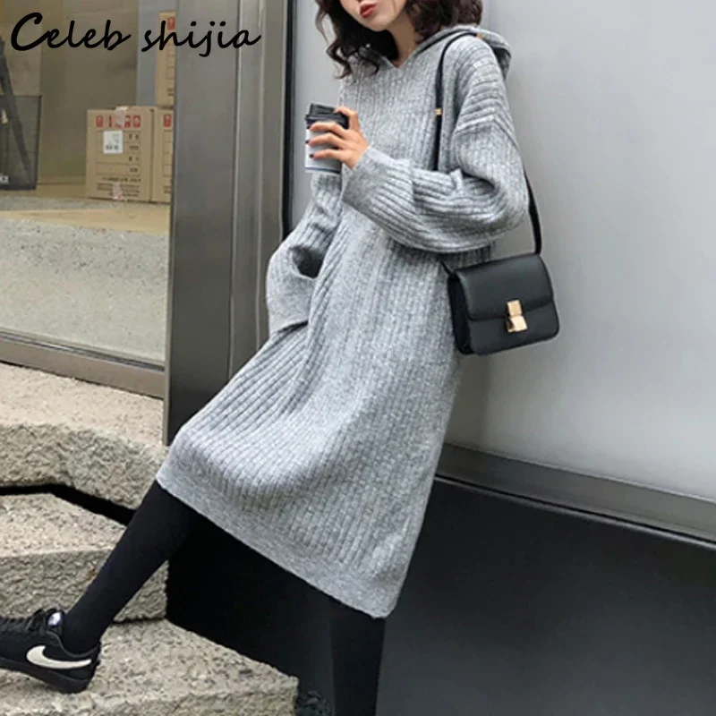 Streetwear Hood Woolen Dress Women Gray Winter Fall Loose Knitted Vestido Ladies Korean Elegant Thicken Knitwear Autumn