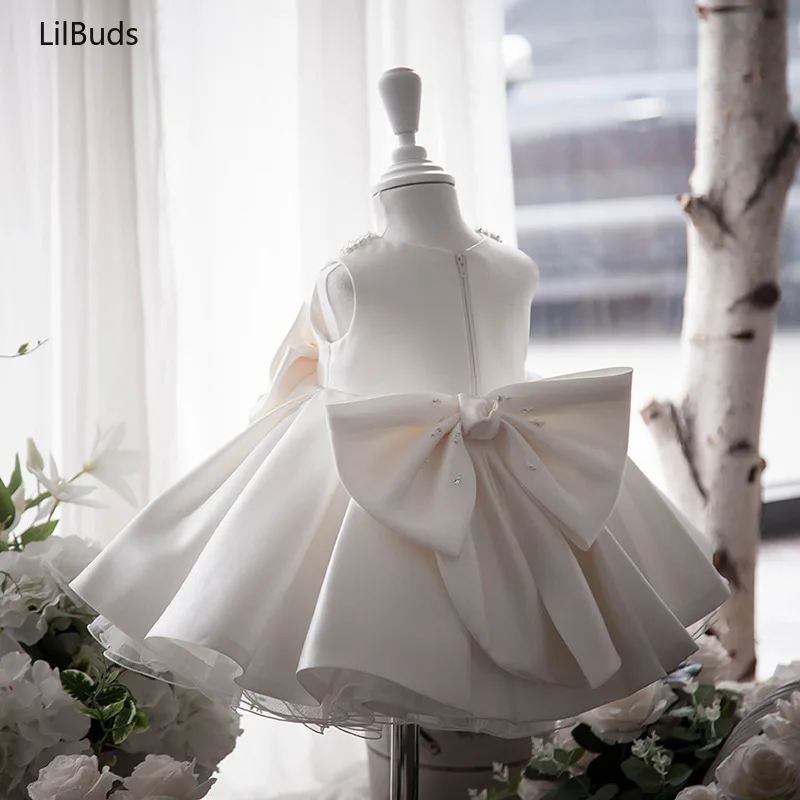 2024 White Wedding Satin Princess Baby Girl Dress Bow 1 Year Birthday Evening Party Christening Dress Wednesday Costume Girl