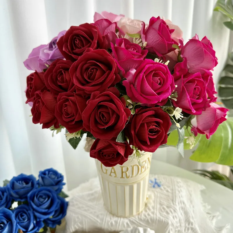 9 Heads silk Rose Artificial Flower Bouquet Home Table Vase Deco Floral Arrangement Accessories Photo Prop Valentine's Day Gift