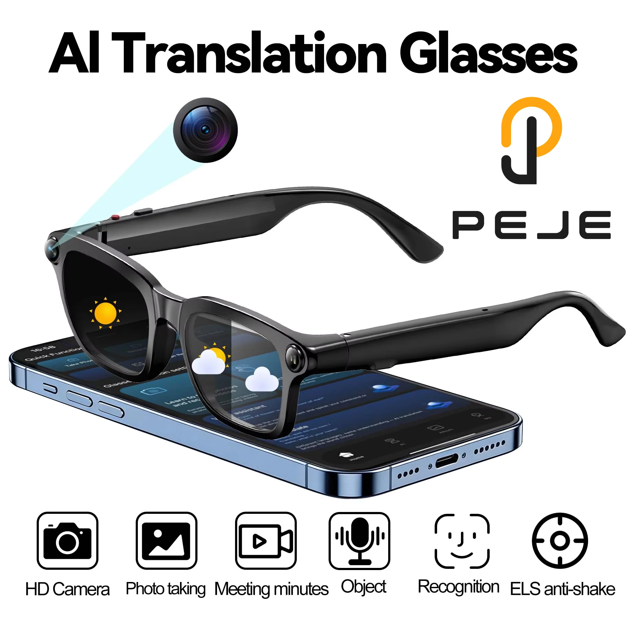 

Умные AI-очки PEJE 4K с камерой 800 МП, HD-фото и видео, голосовыми вызовами, переводом, водонепроницаемостью IP65 и Bluetooth