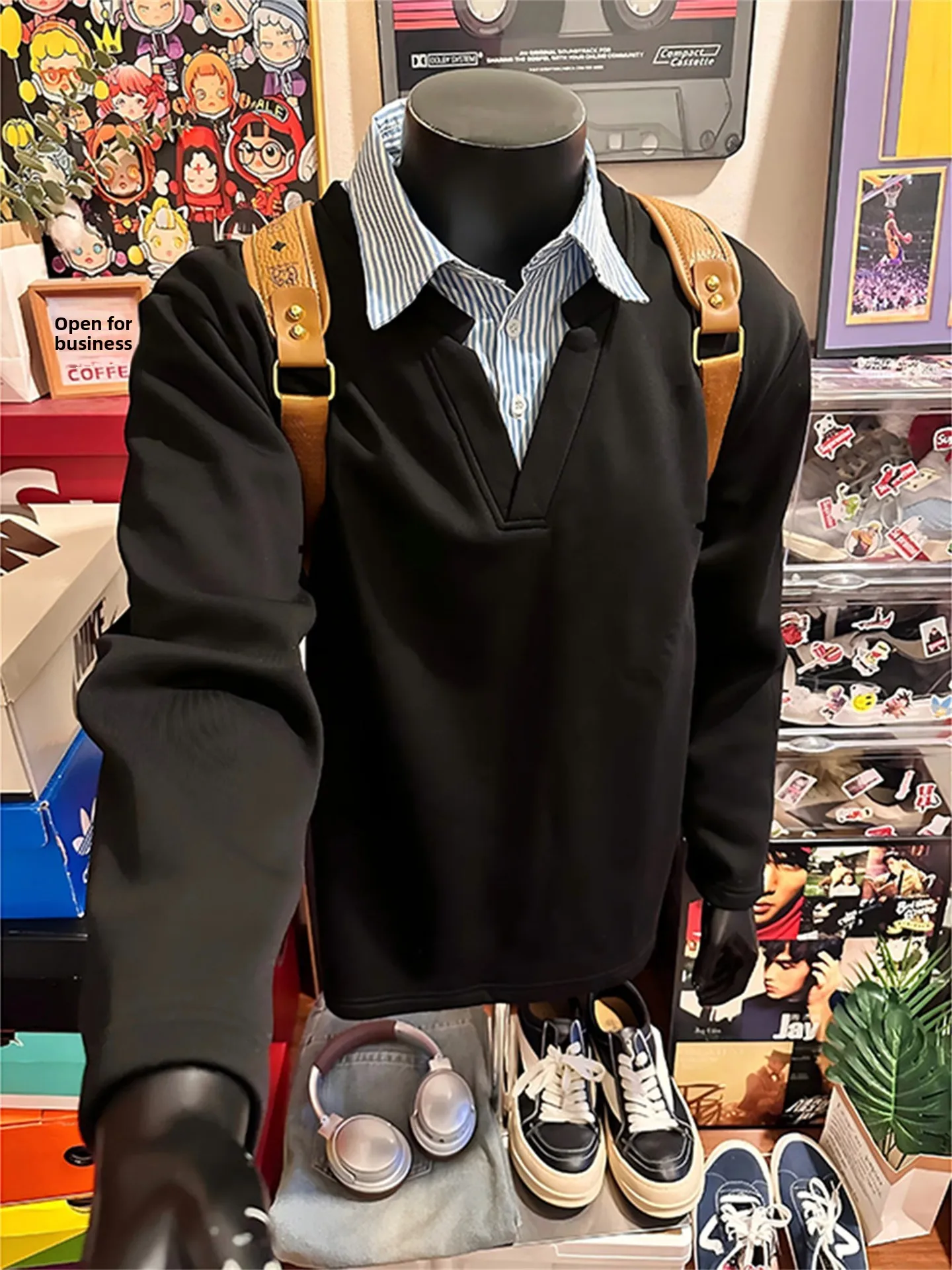 Black Fake Two-Piece Sweatshirt Long Sleeve Shirt Collar Splice  Shirt Men's Autumn Color Block T-Shirt Inner Wear Casual...