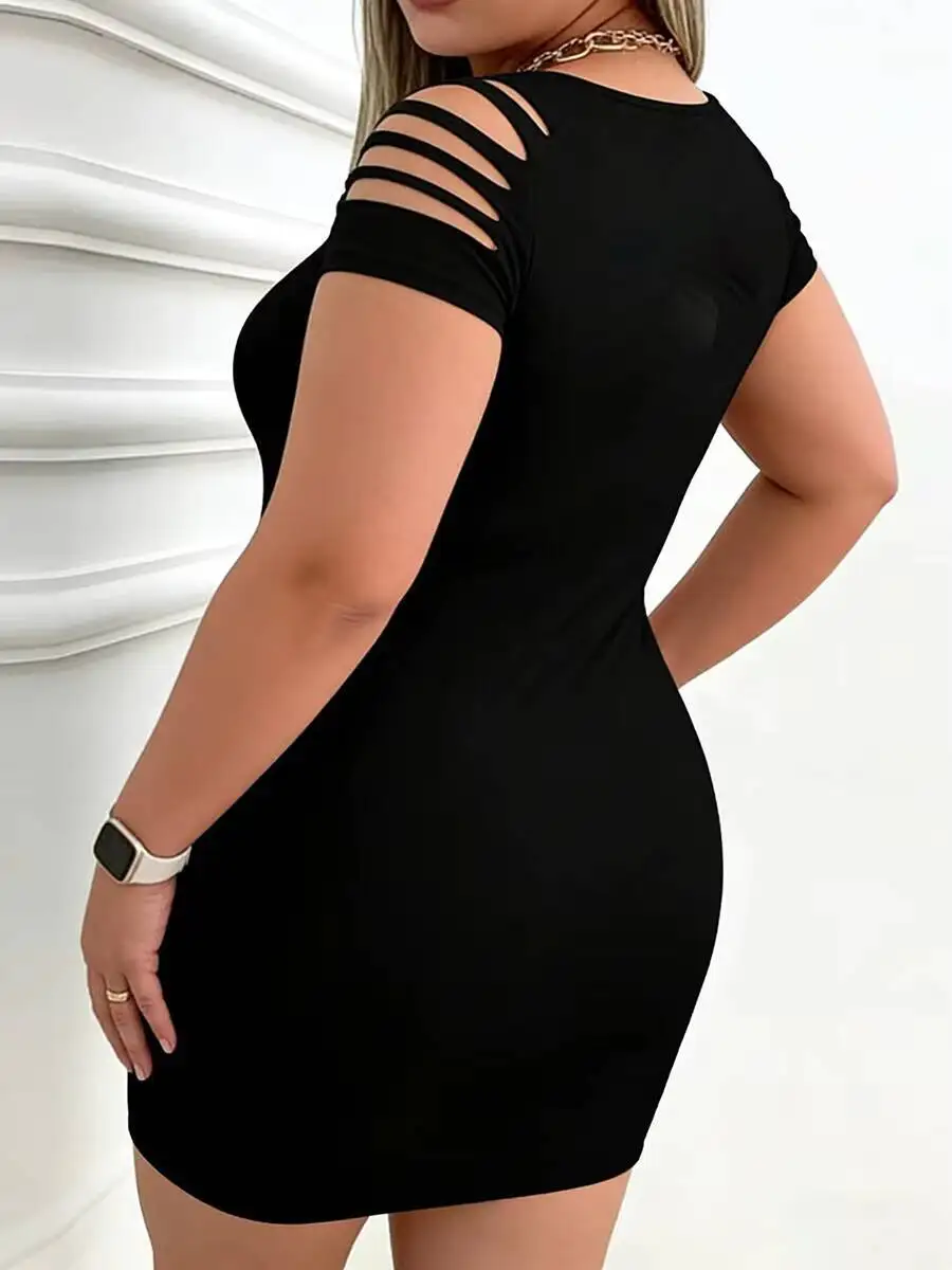 Plus Size Mini Dress Cocktail Cutout Off Shoulder Bodycon Black Distressed Party Night Out 2026 Women`s Summer Dress 0XL-5XL