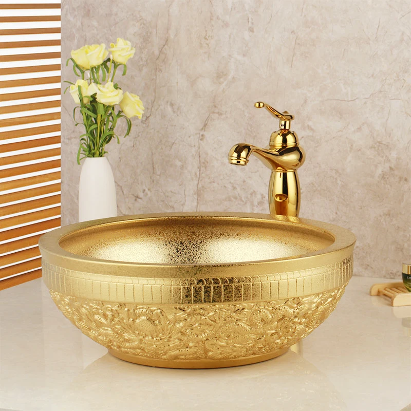 OUBONI Embossed Golden Ceramic Lavatory Bathroom Washbasin Basin Sink Set Solid Brass Tap Combine Mixer Faucet Free Overflew