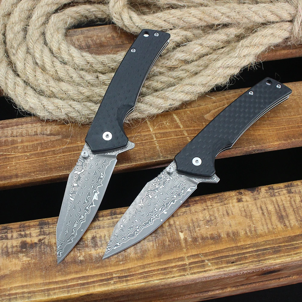 높은 경도 60HRC 다마스커스 접이식 칼 군사 전술 칼 탄소 섬유 손잡이 원래 야외 사냥 칼 잭나이프