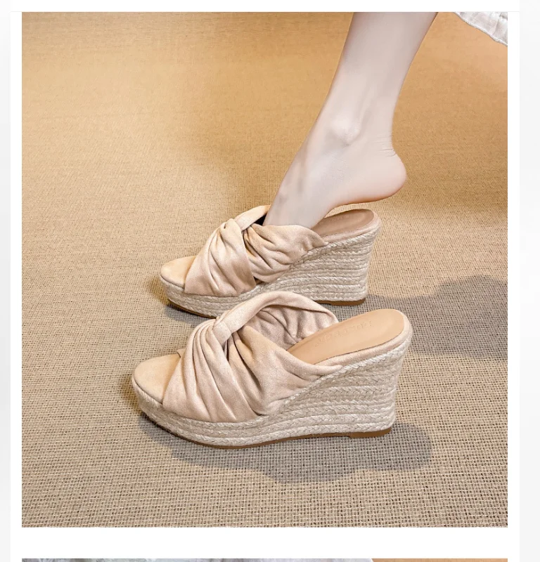 AIYKAZYSDL 2026 Platform Wedge Wedge Flock Heel Straw Hemp Rope Weave Mules Outdoor Peep Toe Slippers Slides Pumps Fashion Women