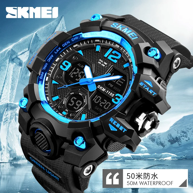 SKMEI-reloj deportivo electrónico para hombre, cronómetro con alarma y luz trasera, resistente al agua, de cuarzo, 1155B, 2 veces