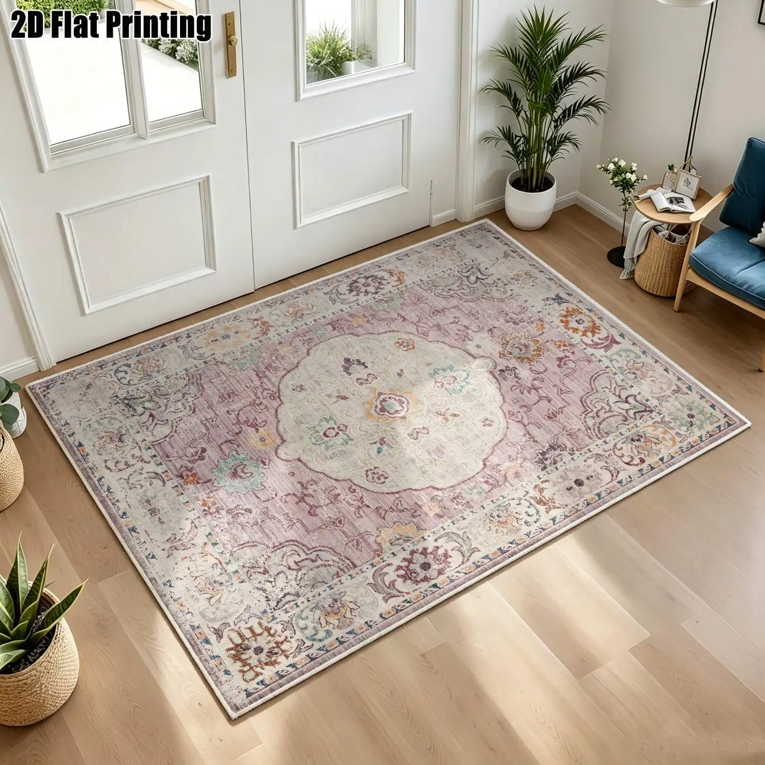 1Pc 2D Printed Pink Floral Retro Velvet Carpet, Bohemian/European Style, Home Decor Floor Mat, Machine Washable, Multi-Size, for Entrance, Dining, Foyer, Bedroom, Living Room