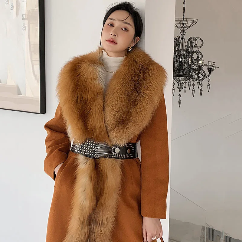 High Quality Red Fox Fur Coat Women's Long Winter Temperament Retract Waist Slim Down Warm Real Fur Windbreak Office Lady