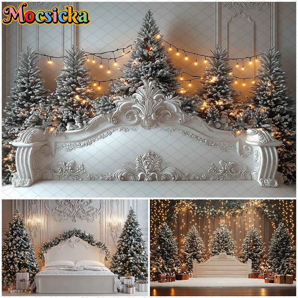 

Mocsicka Christmas Tree Backdrop Photography Winter Snow White Palace Bed Photo Background Indoor Wooden Wall Lamp Decors Banner