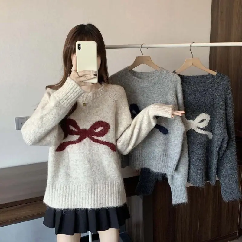 

Новый женский свитер-пуловер из мягкого трикотажа с круглым вырезом и бантом, серый, для миниатюрных женщин, осень-зима