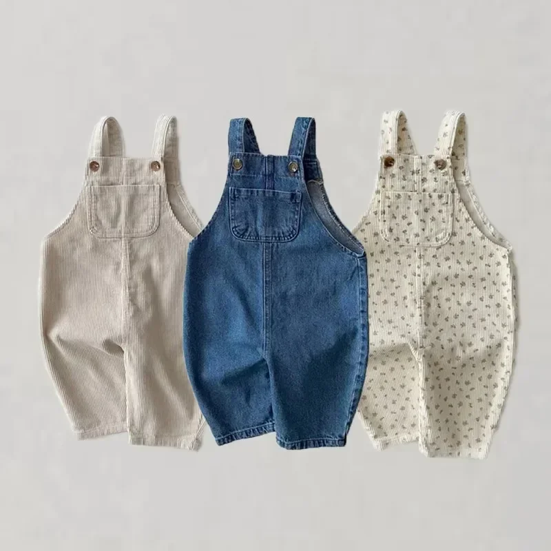 New Autumn Baby Boy Solid Casual Overalls Girls Children Floral Suspenders Jumpsuit Kid Loose Cotton Denim Pants Infant Trouser