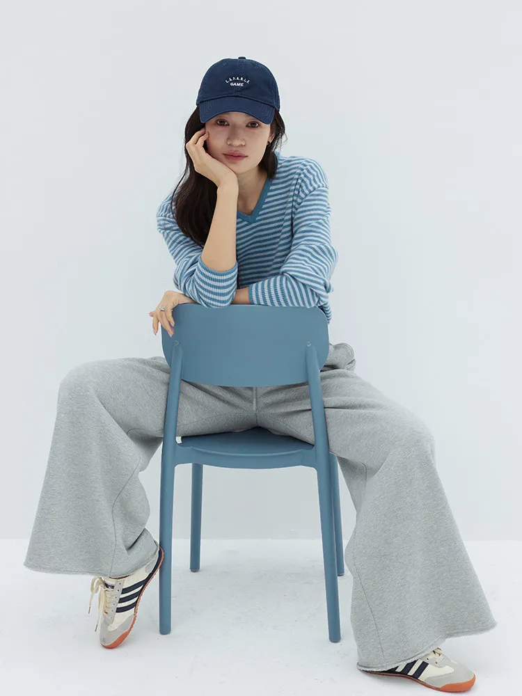 Korean ins blogger wind _ Consinee AU double line medium thick striped loose v-neck pure cashmere sweater women