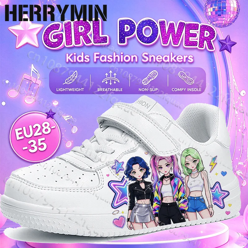 2027 New Model Fashion Anime‑Style Girl Band Art Print White Kids Girls Casual Sneakers Comfort Children Daily Sports Shoes