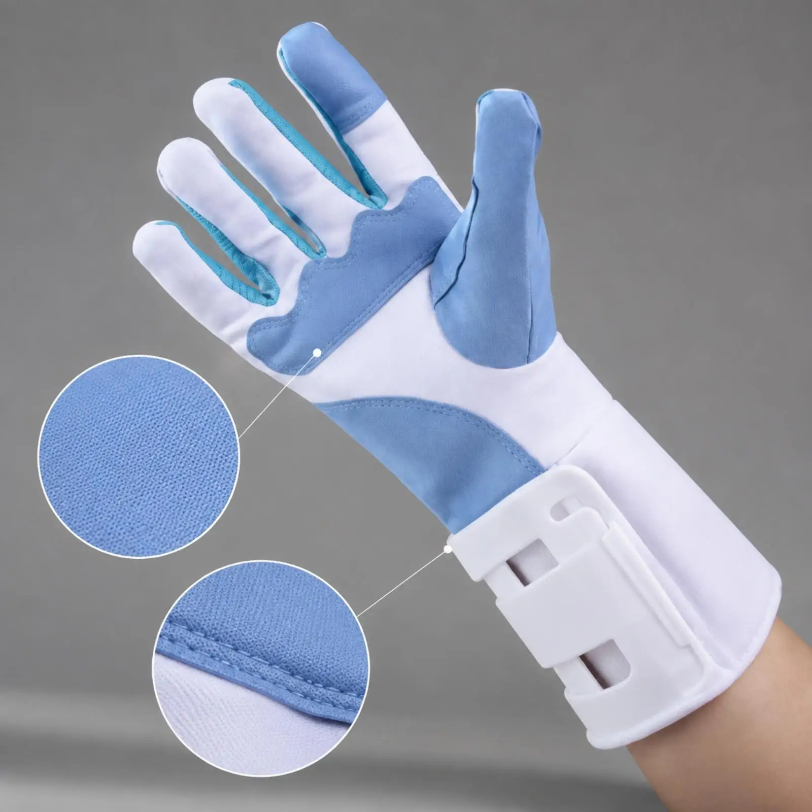 Blue White Fencing Training Mitt with Extended Cuff Adjustable Closure for Right Hand Fencing Practice Session