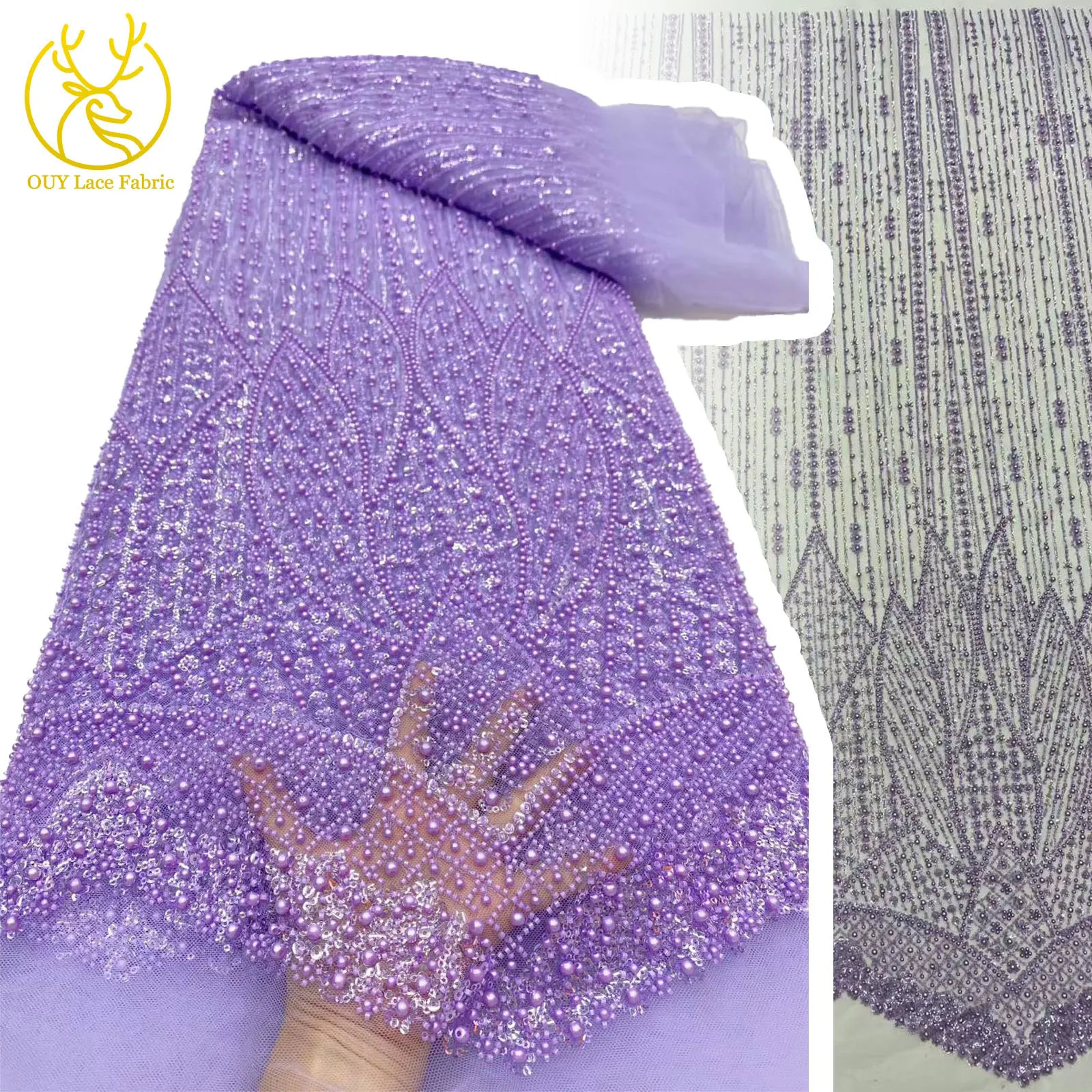 

African Nigerian Beaded Tulle Lace Fabric 2025 High Quality French Sequins Sewing Embroidery Fabric Women's Party Dress 5 yards