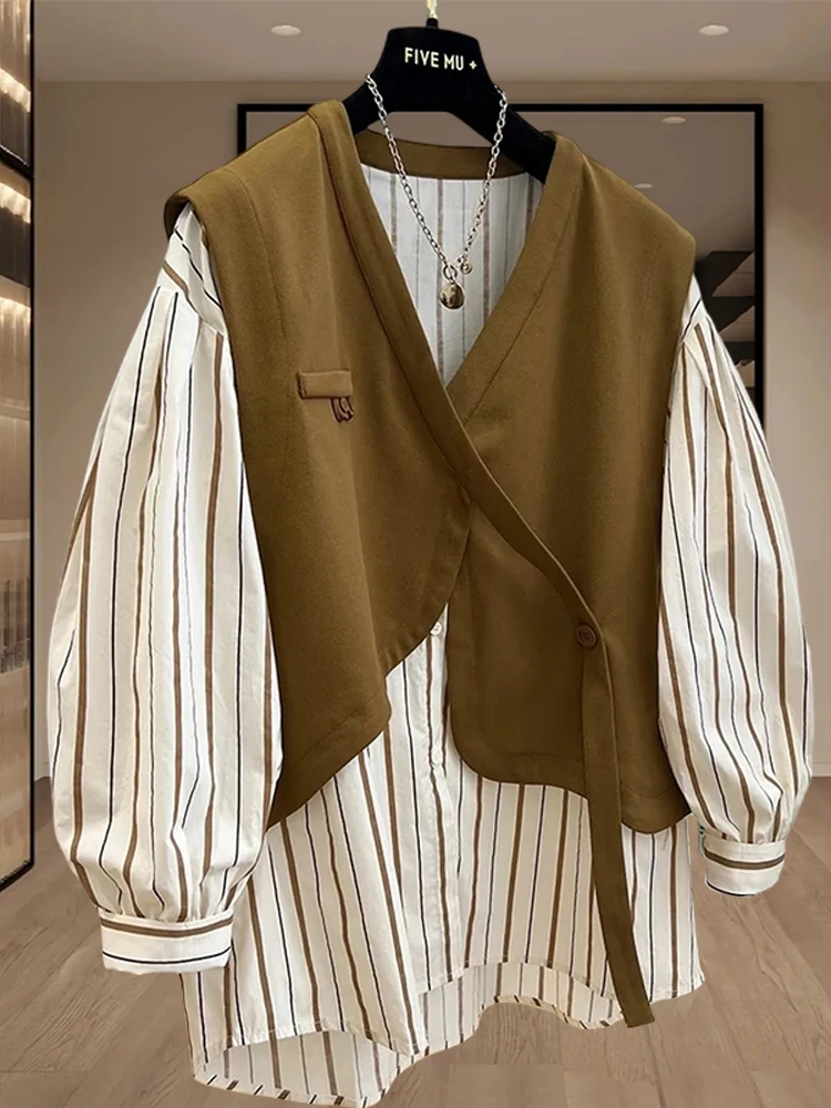 

Spring Autumn 2024 Women's Long Sleeve Shirt Casual Style V-Neck Straight Cut Fashionable Outerwear plus Size Belly Concealing