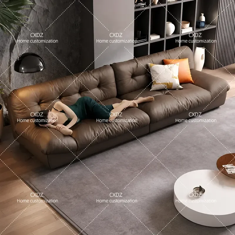 Leather sofa first layer cowhide modern size apartment living room Italian minimalist straight row light luxury cloud leather