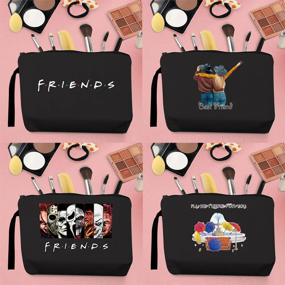 2024 ese Trend Women Cosmetic Bag Coin Clutch Bag Cute Friends Pattern Printing Portable Storage Travel Canvas Strap Black