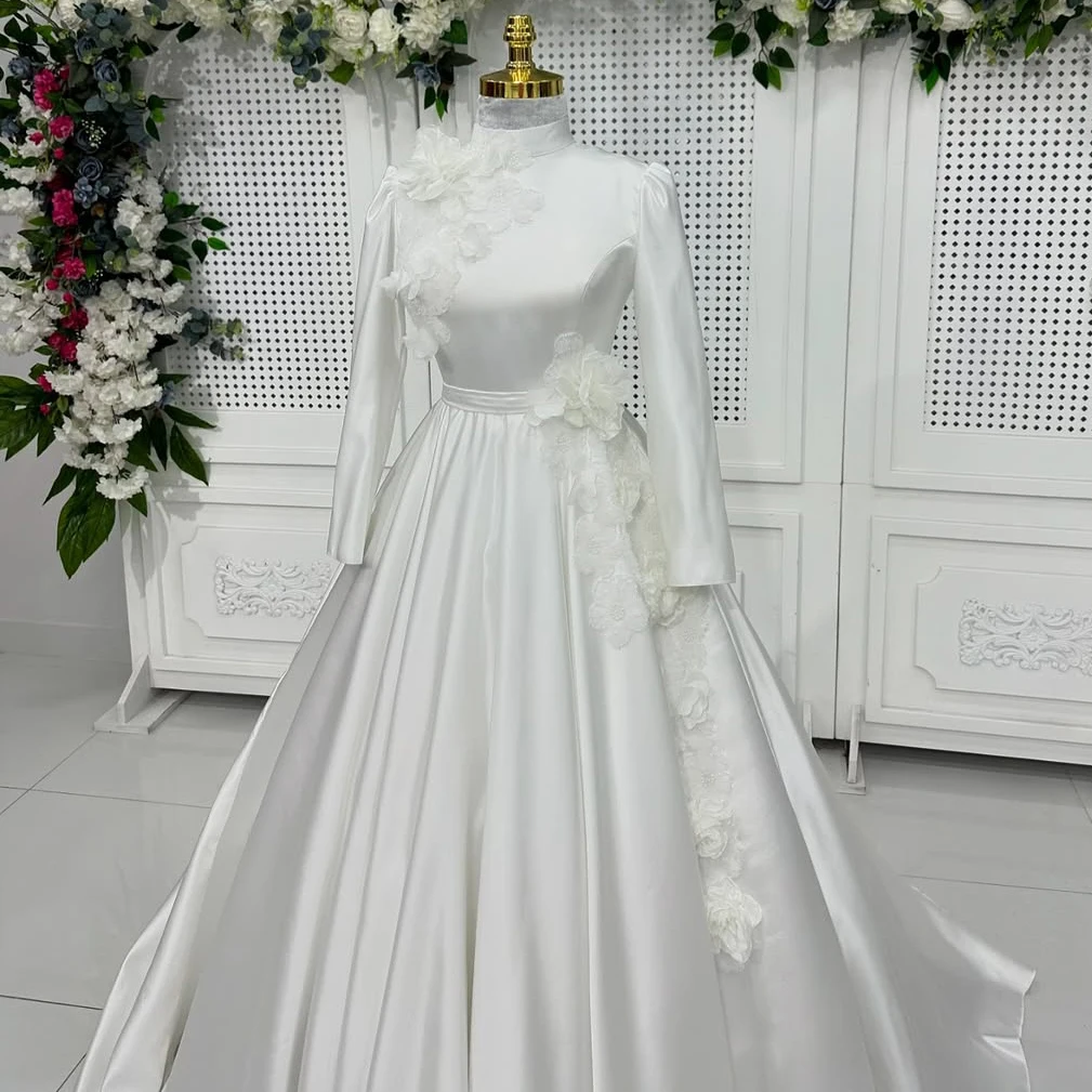 Vestido de novia musulmán de manga larga con calcomanía de satén de lujo, vestido de novia árabe de Dubai con cuello alto