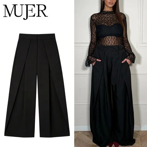 Imagen 1 del producto Pantalones Anchos Negros para Mujer, Pantalones Plisados de Pierna Ancha para Mujer, Pantalones Casuales a Rayas para Mujer, Pantalones de Cintura Alta para Primavera