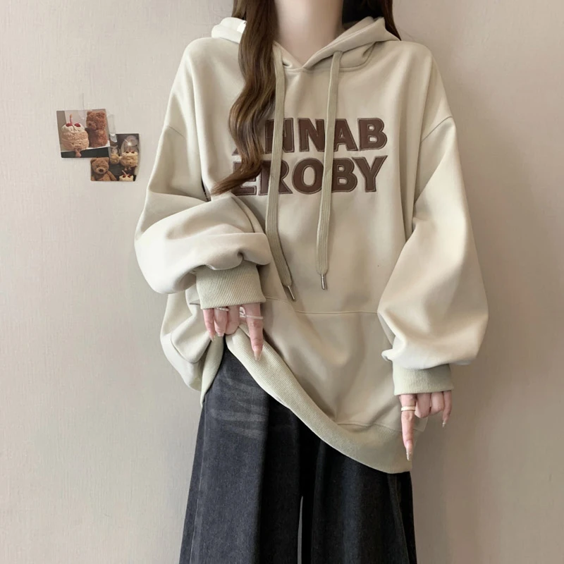 

Vintage Heavy Embroidery Hoodie Women's Loose Thin Sle Korean Version Lazy Top Coat Trendy Long Sve Polyester Cotton