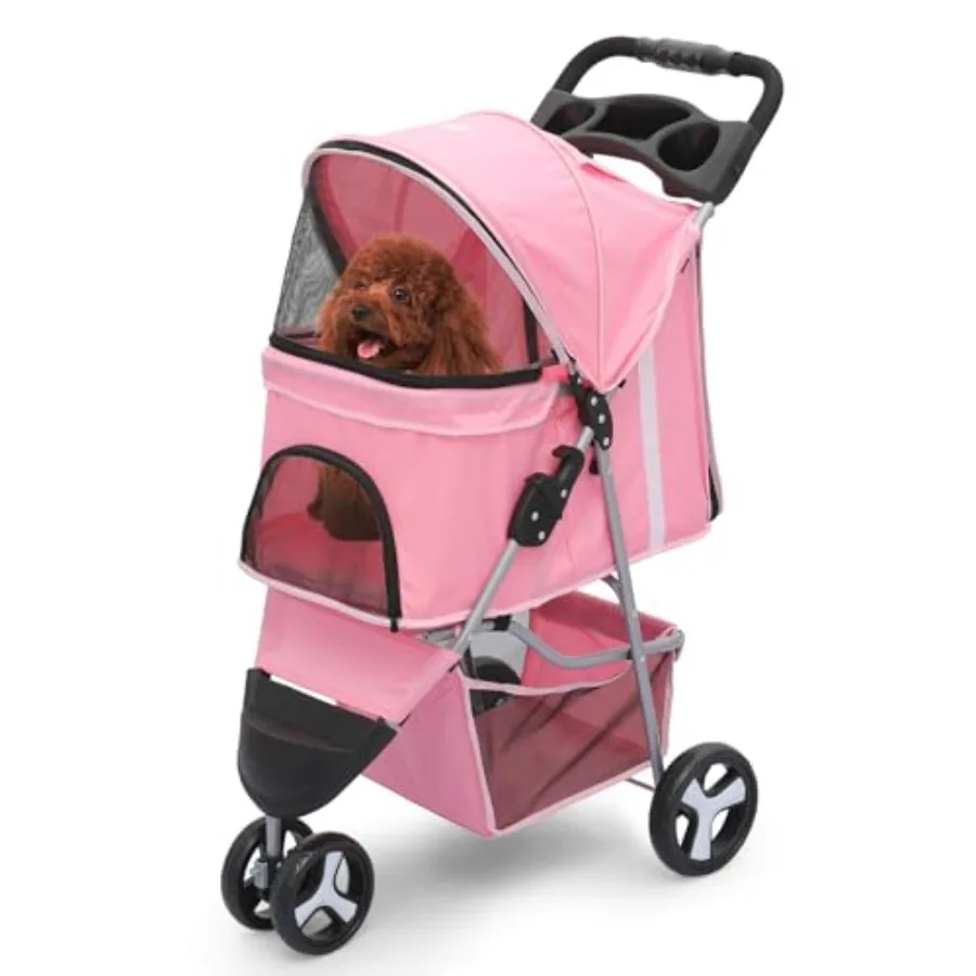 

Dog Stroller for Dogs and Cats, Foldable Pet Jogger Stroller with Cup Holders and Bottom Storage, Pink Polyester, Up to 33 lbs
