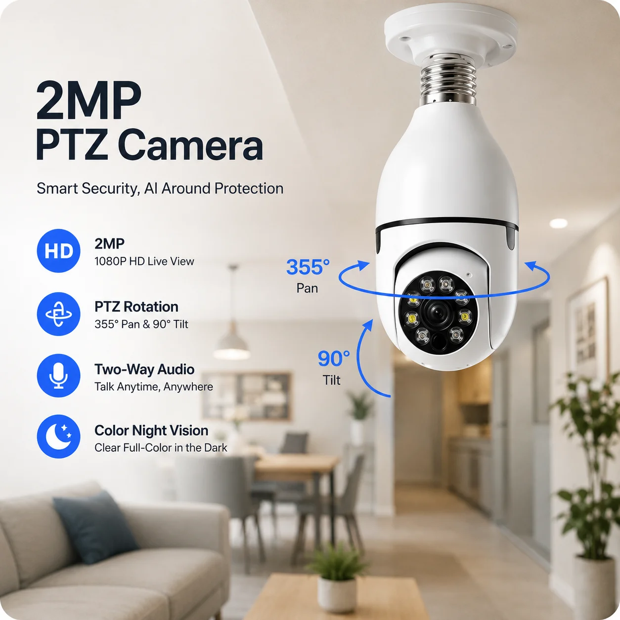 Bulb E27 Wifi Mini IP Camera Full Color Night Vision Indoor Security Monitor with Automatic Human Tracking And Zoom Surveillance