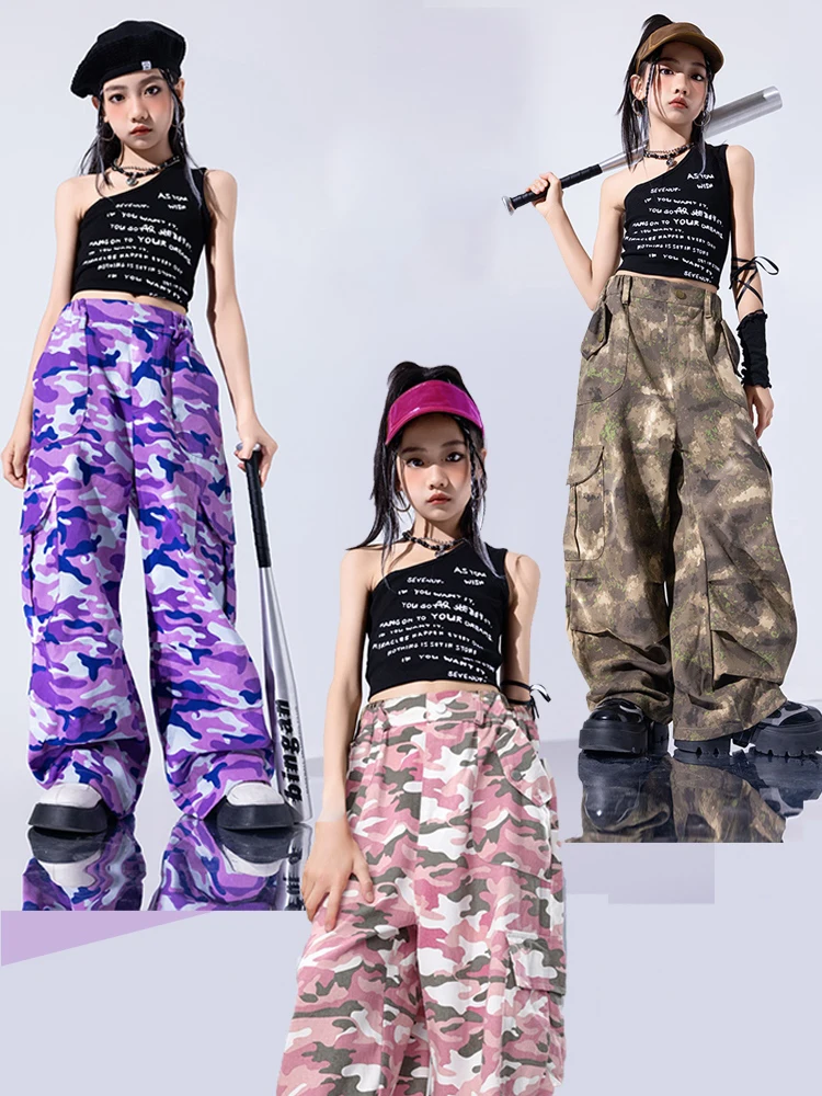 

Kpop Hip Hop Clothing Kids Girls Jazz Dance Costume Summer Jogger Vest Pants Group Show Wear Black Vest Camouflage Pants BL13411