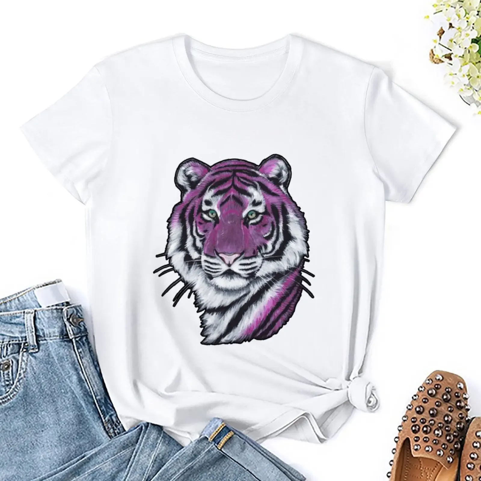 Paarse Tijger T-Shirt Kawaii Kleding Grappige Zwarte T-Shirts Voor Vrouwen