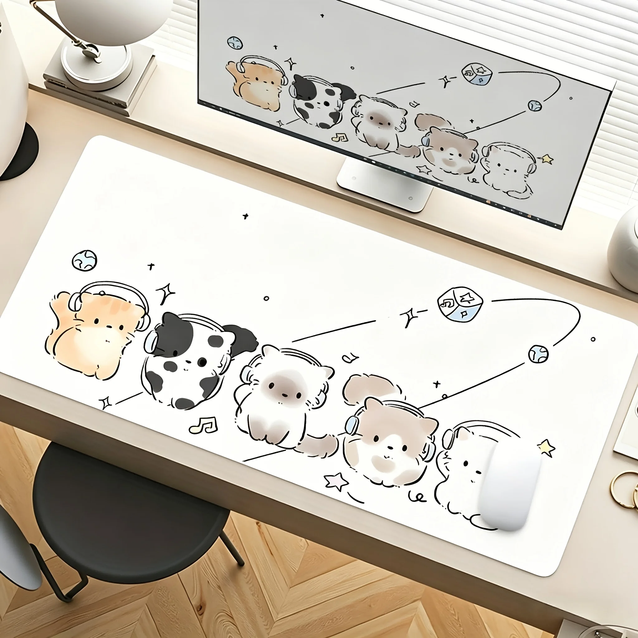

XXL Cute Cat Headphones Star Mouse Pad, Non-Slip Rubber Stitched Edge, Large Desk Mat for PC Gamer Office, Multiple Sizes