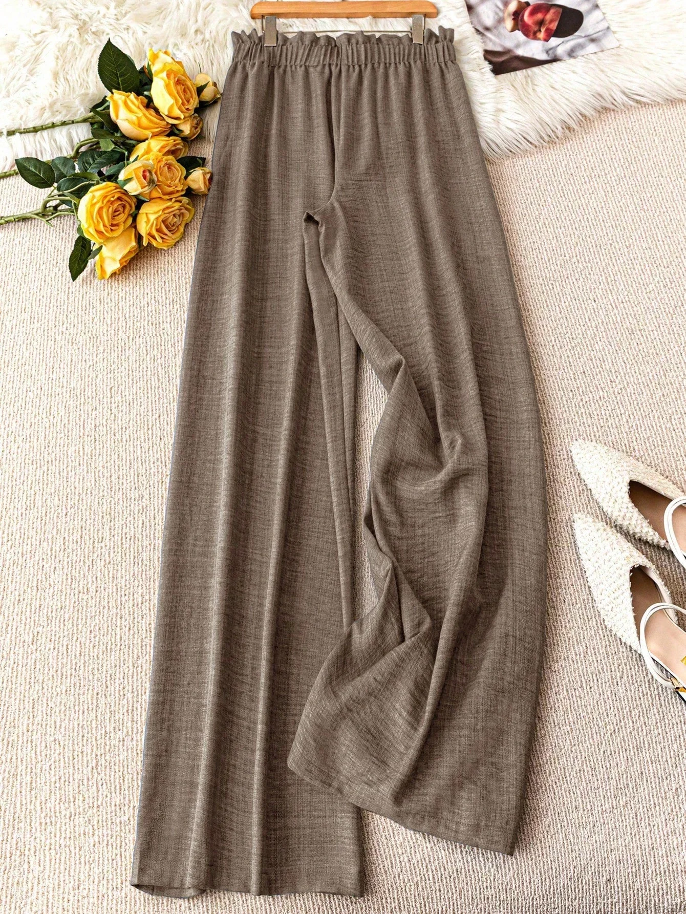 

Casual Solid Wide Leg Pants For Women Elastic Waist Drawstring Loose Fit