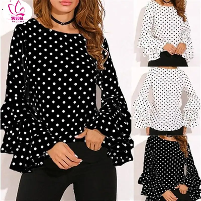 SUSOLA Women Polka Dot Blusas Shirts Spring Trend O Neck Long Sleeve Blouse Femininas Casual Tops 4XL 5XL Shirt