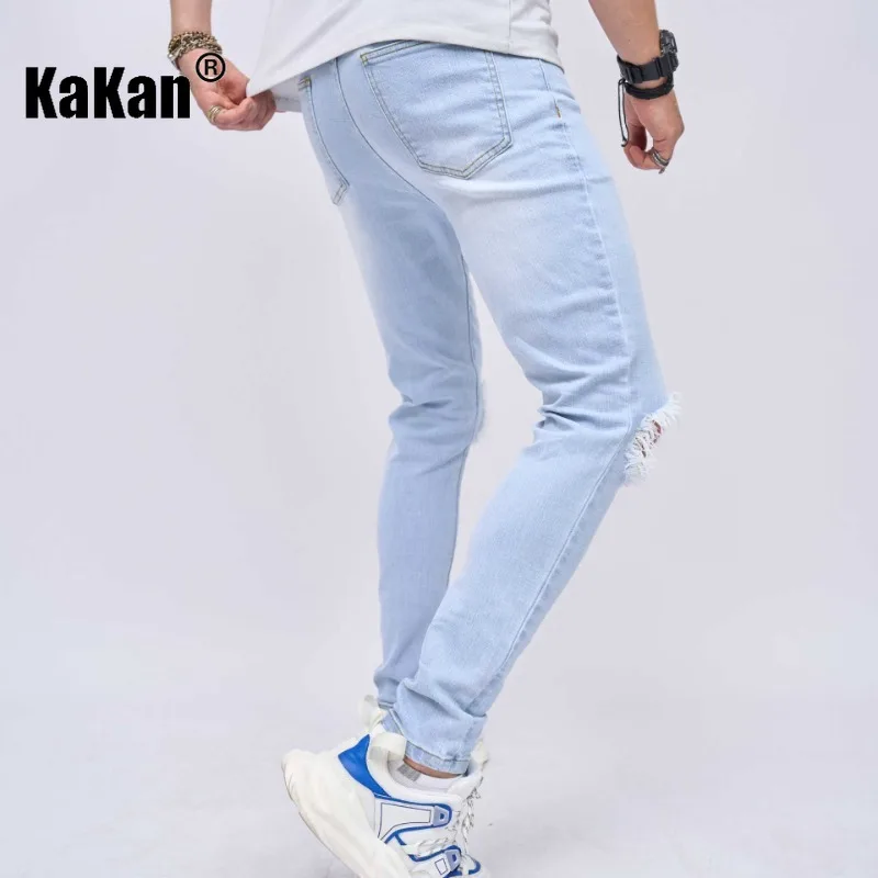 Kakan Europe and America's New Perforated Stretch Jeans for Men, Classic Solid Color Casual Small Foot Slim Pants K49-602