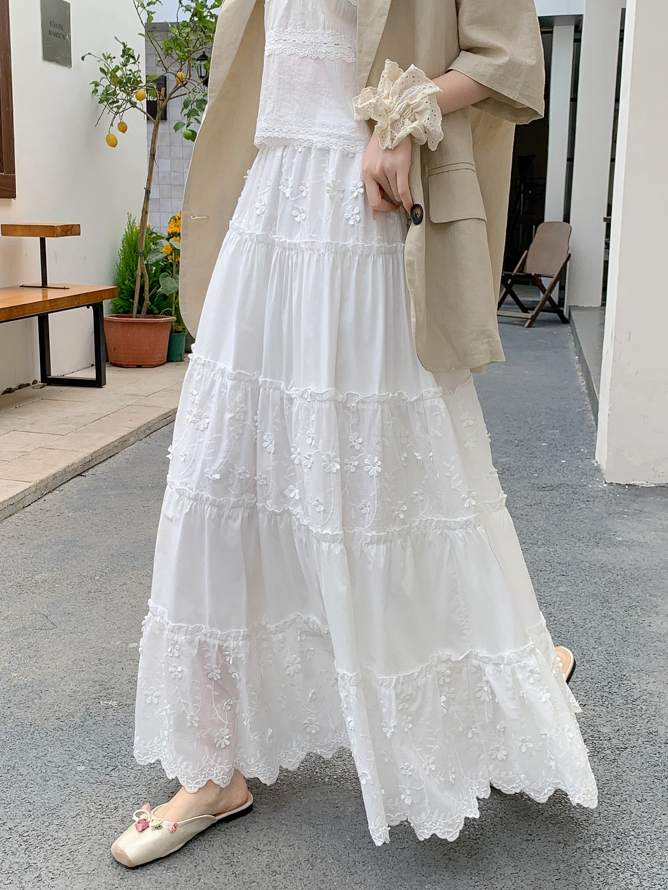 

High Waist Lace Embroidery Panelled A-Line Skirt Women's Spring Summer New Style Slimming Drapey Long Skirt Korean Style