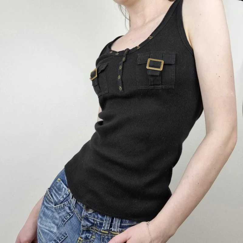 Vintage O-neck Multi-button Thread Black Camisole Women 2025 Summer New Streetwear Sexy Slim All-match Sleeveless Tops