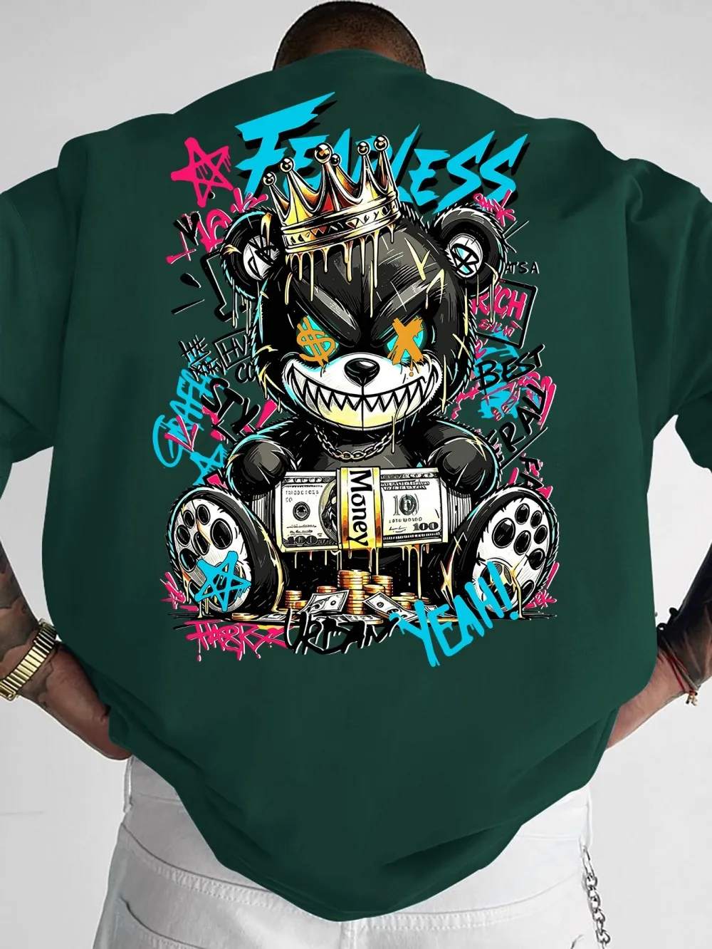 American men's summer teddy bear wealth letter graffiti print comfortable and breathable round neck T-shirt outdoor street top