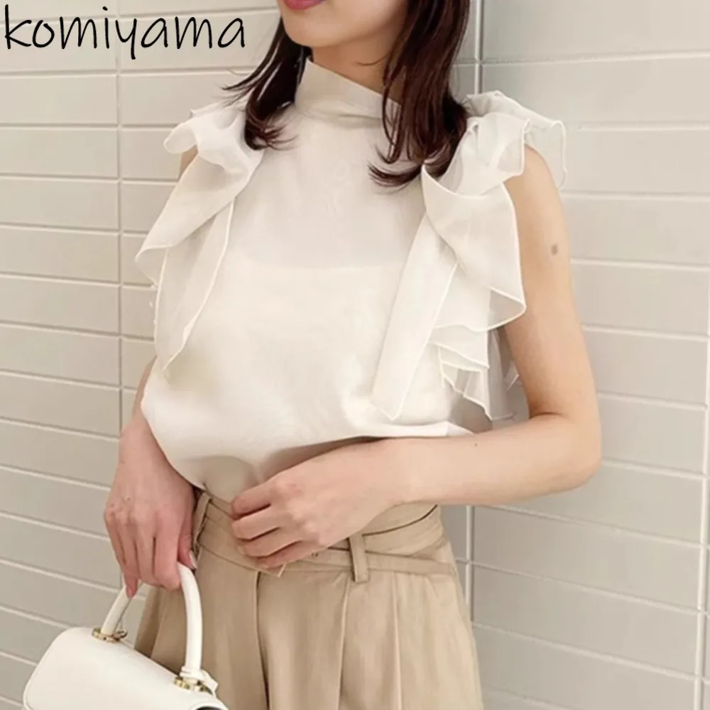 

Summer New Stand Collar Bow Blusas Mujer Flower Print Shirts Blouses 2025 Woman Clothing Japan Sleeveless Camisas Moda Tops