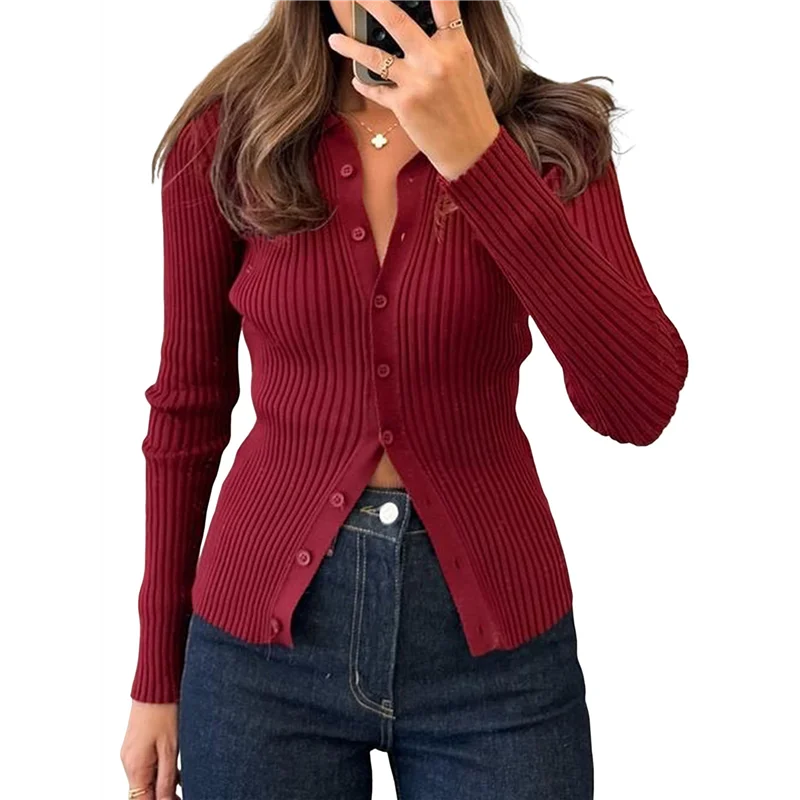 

CGS-Женская повседневная простая однотонная рубашка с длинными рукавами, шерстяной топ на пуговицах, полосатая рабочая рубашка с лацканами, темно-красная S