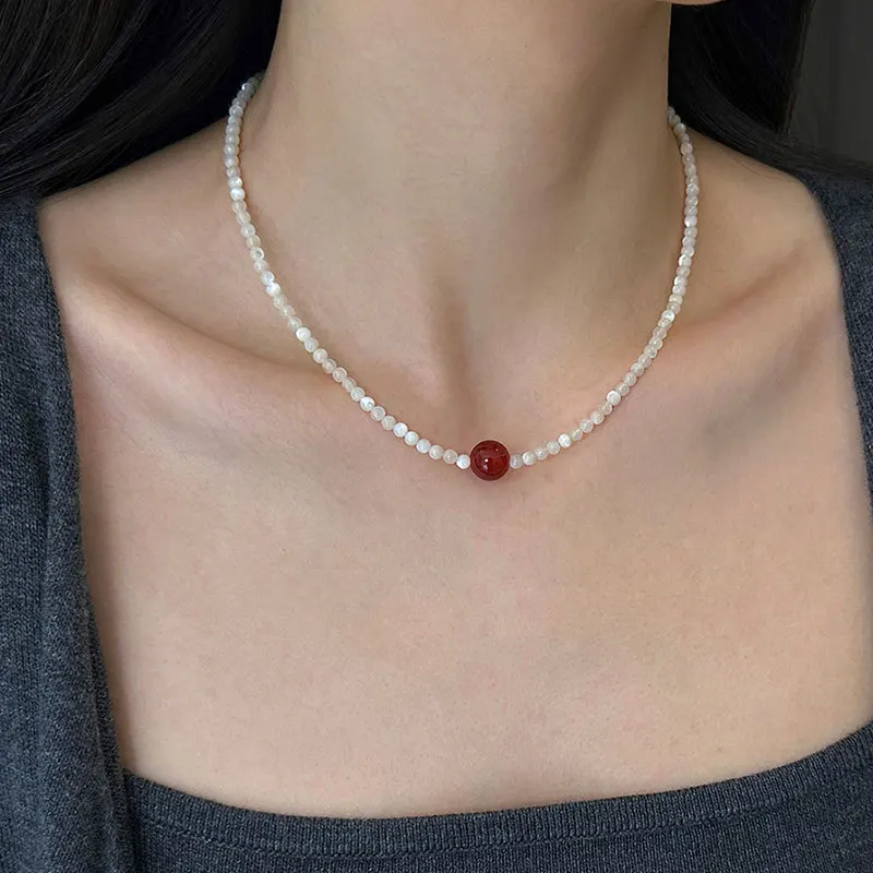 Minar French Silver Water Wave Chain Red Agate Beads Heart Beaded Pendant Necklaces for Women Gold Silver Plated Sweater Chain