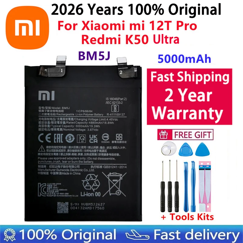 2026 Years 100% Original Replacement 5000mAh BM5J Battery For Xiaomi Mi 12T Pro Redmi K50 Genuine Phone Batteries Fast Shipping