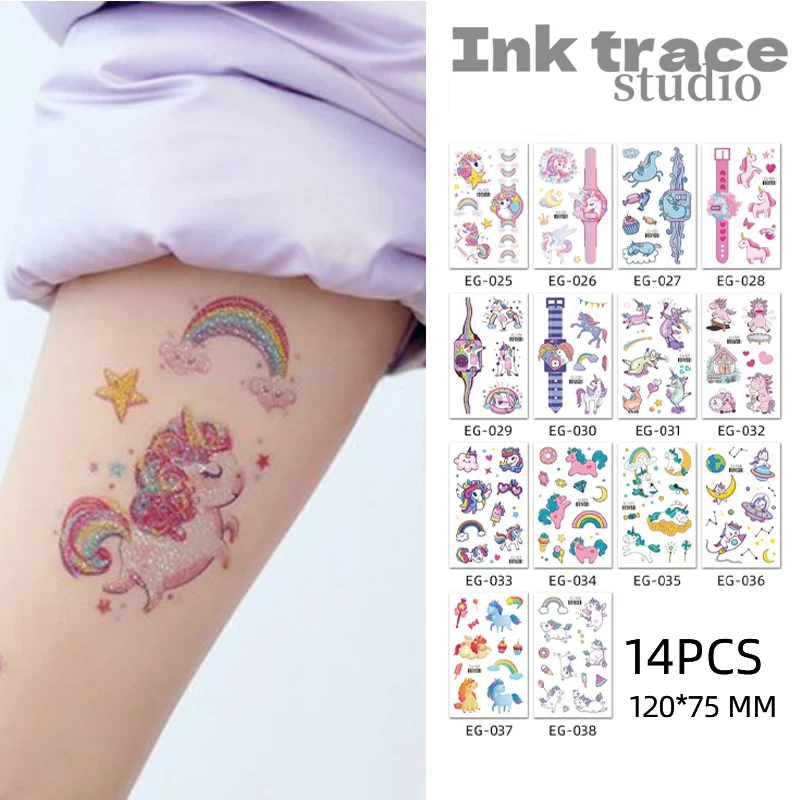 14 Sheets Glittering Unicorn Tattoo Stickers for Personalized Decoration, Temporary Tattoos for Children Kids