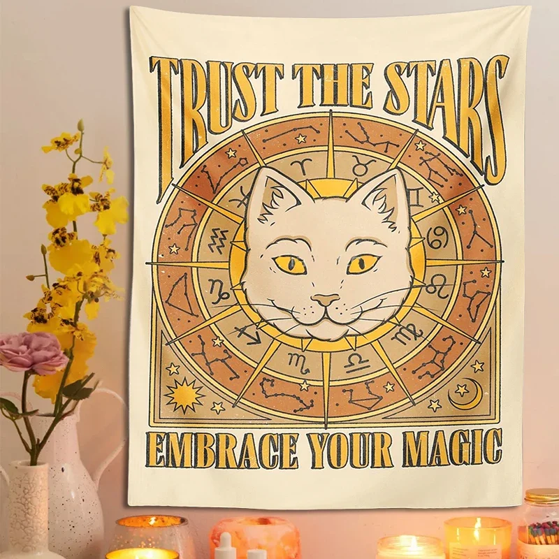 Retro Tarot Cat Tapestry Wall Hanging Trust The Stars Horoscope Astrology Witchcraft Bohemian Art Wall Home Dorm Room Room Decor