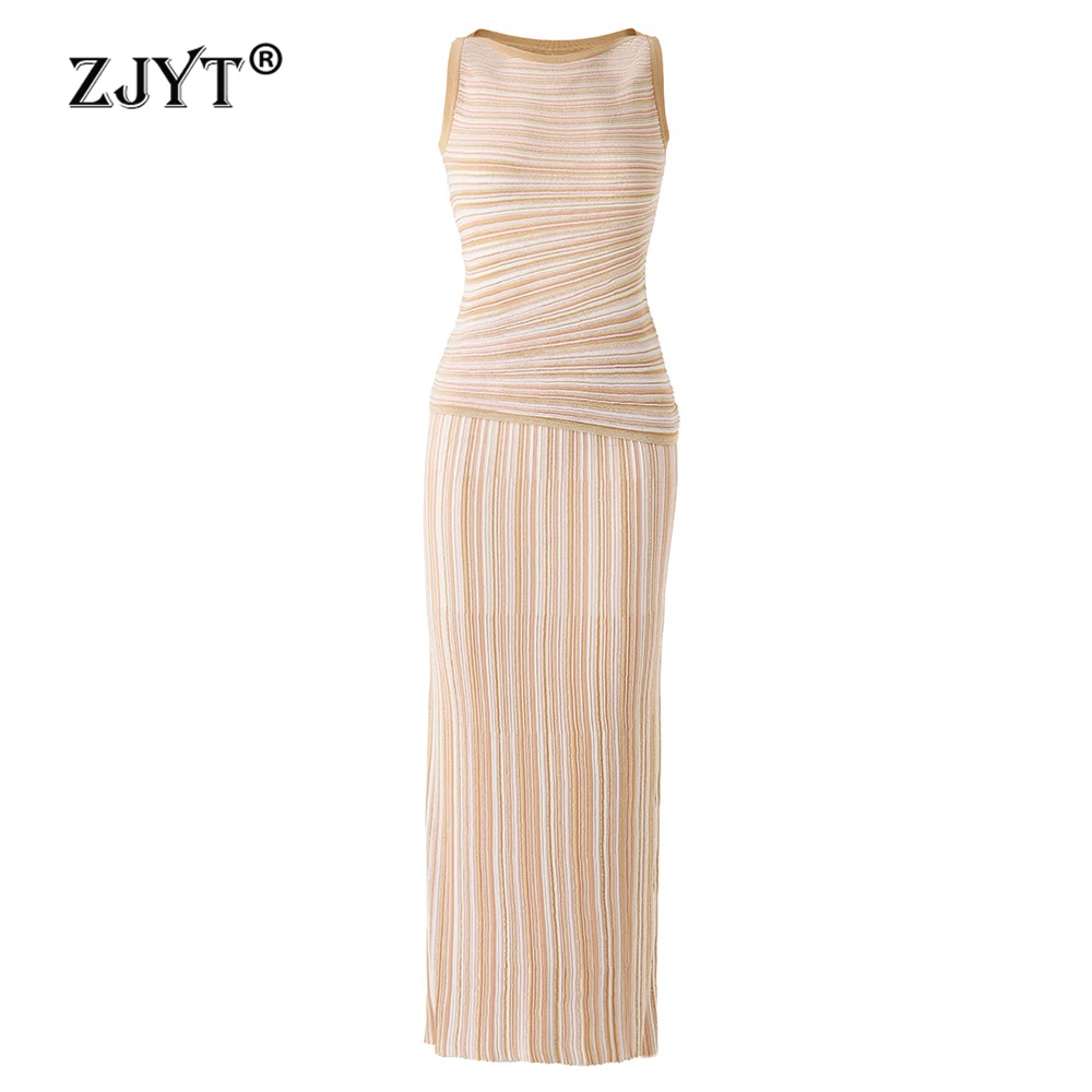

ZJYT Summer Knitted Dress Set 2 Piece Womens Outfit Striped Elegant Sleeveless Top and Long Skirt Suit Office Casual Clothes