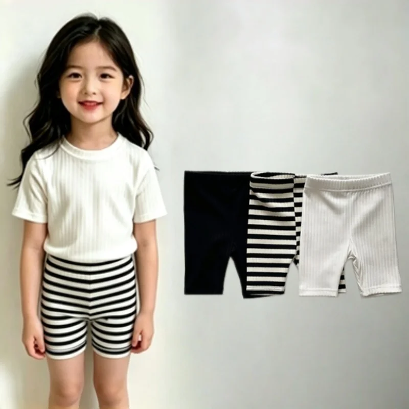 Kids Girls Striped Leggings Shorts Summer 2-6Y Children Soft Cotton Stretchy Pants Girls Elastic Waist Solid Shorts