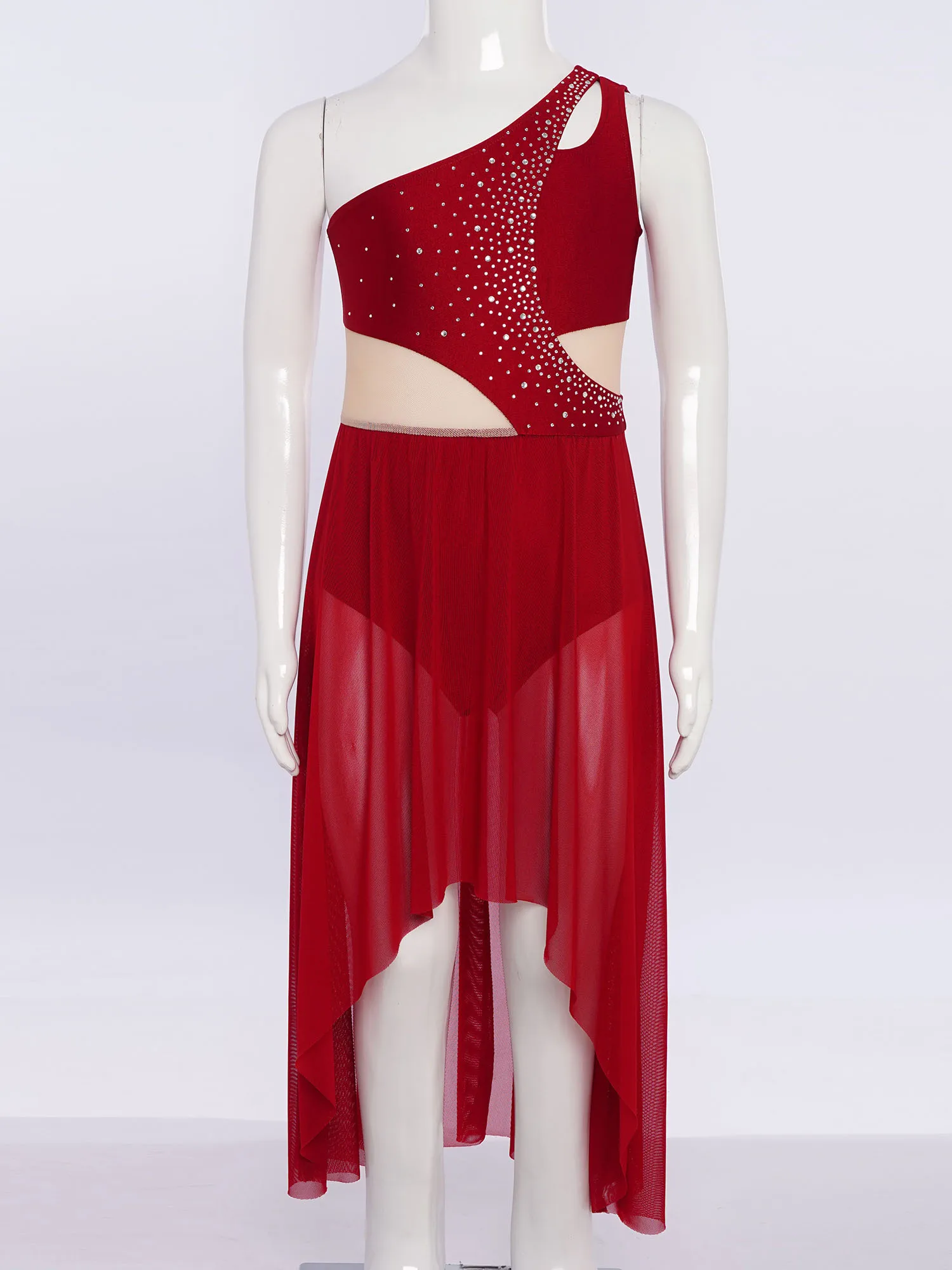 6-16Y فتاة الحديثة فستان رقص غنائي كتف واحد لامعة شبكة مرصعة بأحجار الراين يوتار Dancewear التزلج الجمباز البهلوانية الملابس