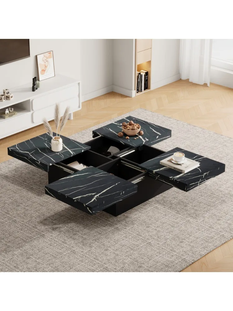Modern square coffee table with marble look, Centre Tea Table with 4 Sliding Drawers, Coffee End Table, 90 x 90 x 25 cm,black