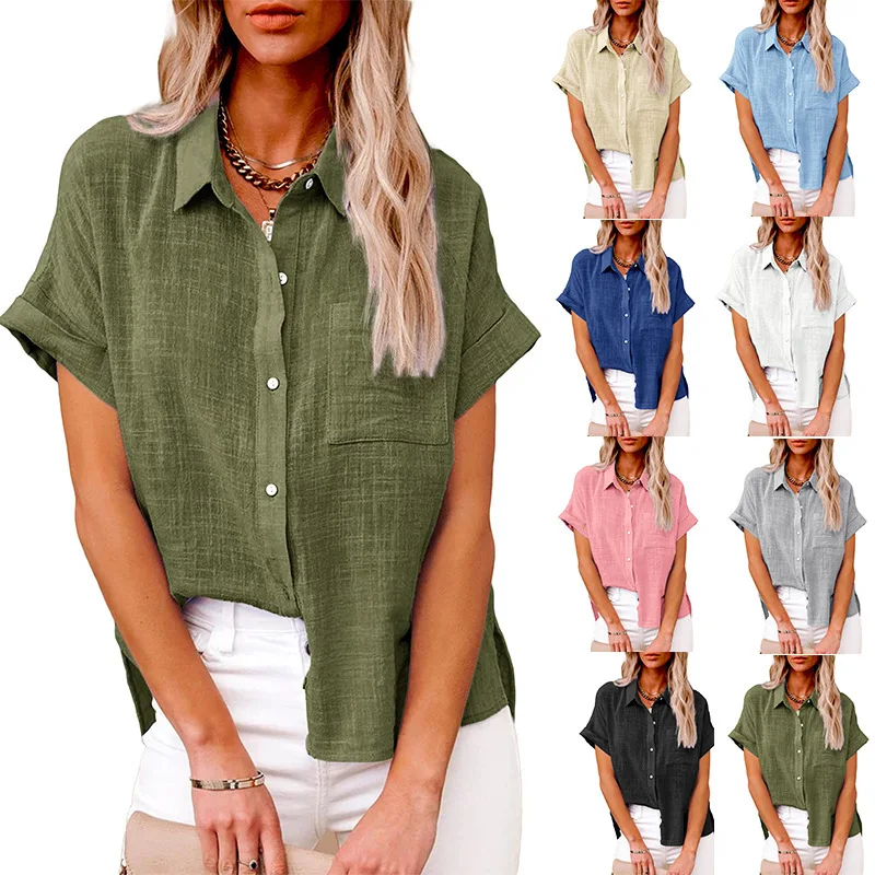 Solid Linen Shirt Short Sleeved Casual Loose Shirt For Women Button One Pocket 2025 Summer Workwear   Blouse  Tops For Women