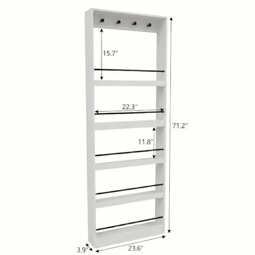 Tall Wall Mounted Bookshelf with Hooks, 71.2